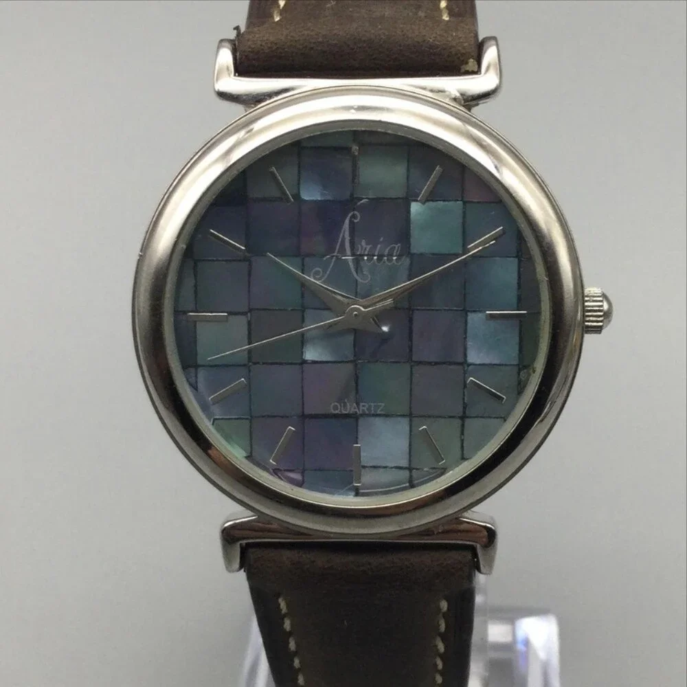Aria Womens Watch 34mm Abalone Mosaic Dial Brown Leather Band New Battery
